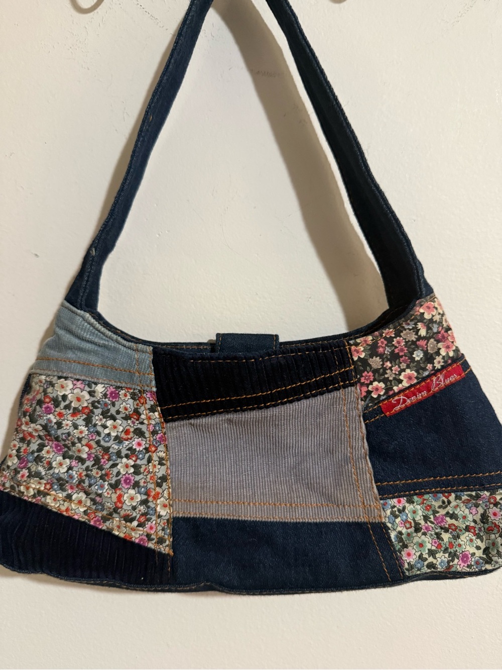 Patchwork Floral Denim Shoulder Bag - Blue